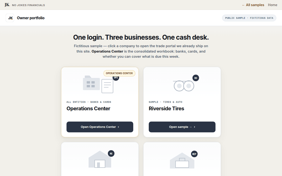 Sample owner hub with Operations Center and three business portals